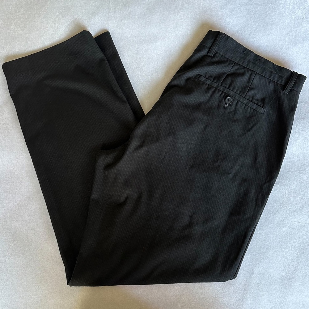 sons of intrigue chambers straight fit black on black pin striped slacks